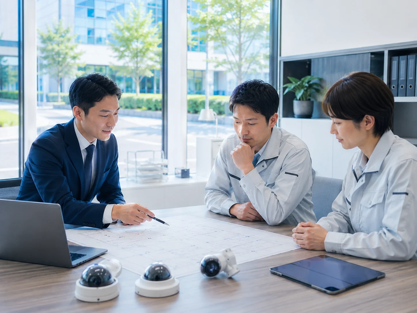 監視カメラと現場条件を確認しながらシステム構成を検討する担当者
