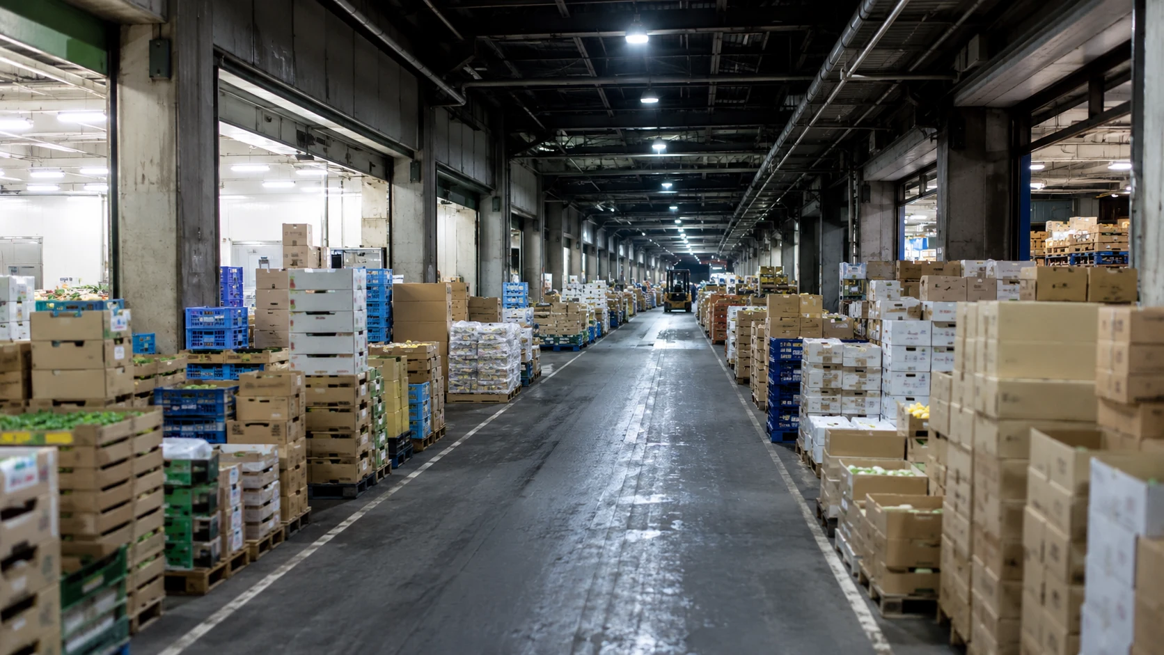 市場や倉庫の長い通路に並ぶ荷物